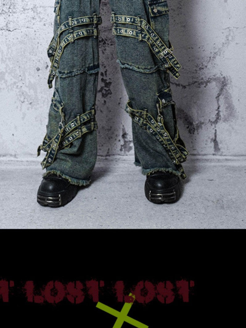 Rs by RebelSeed Punk Embroidered Studded Strap Multi Pocket Ripped Women&