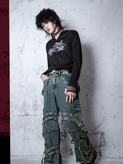 Rs by RebelSeed Punk Embroidered Studded Strap Multi Pocket Ripped Women&
