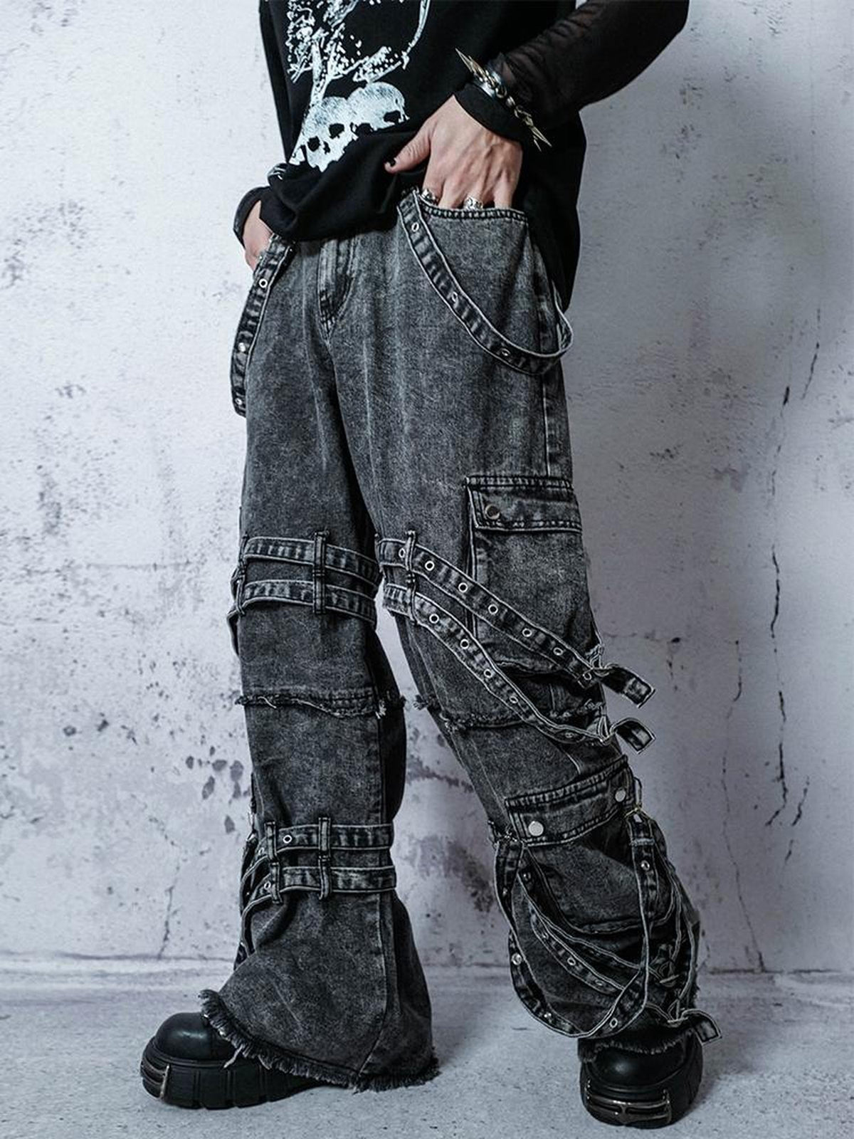 Rs by RebelSeed Punk Embroidered Studded Strap Multi Pocket Ripped Women&