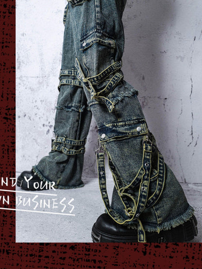 Rs by RebelSeed Punk Embroidered Studded Strap Multi Pocket Ripped Women&