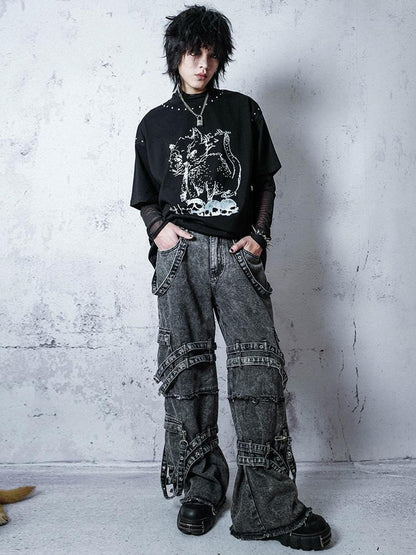 Rs by RebelSeed Punk Embroidered Studded Strap Multi Pocket Ripped Women&