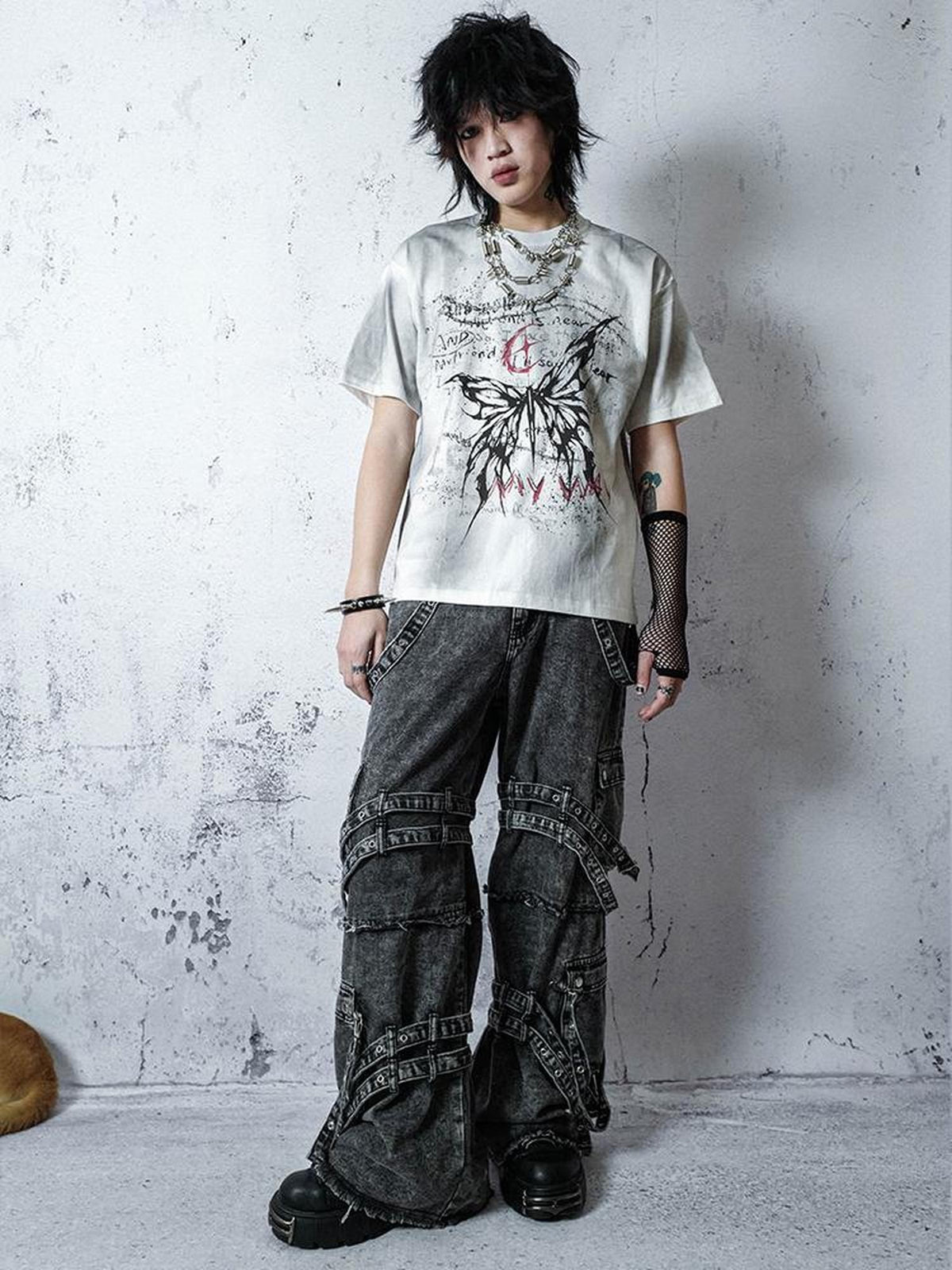 Rs by RebelSeed Punk Embroidered Studded Strap Multi Pocket Ripped Women&