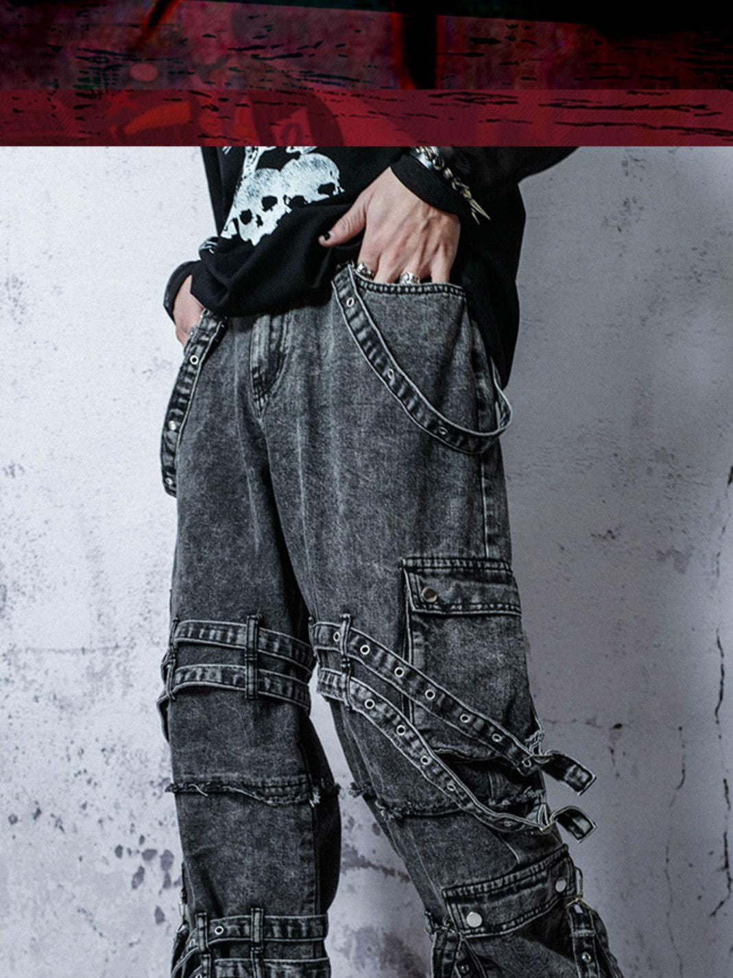 Rs by RebelSeed Punk Embroidered Studded Strap Multi Pocket Ripped Women&