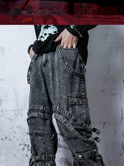 Rs by RebelSeed Punk Embroidered Studded Strap Multi Pocket Ripped Women&