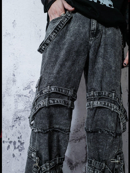 Rs by RebelSeed Punk Embroidered Studded Strap Multi Pocket Ripped Women&