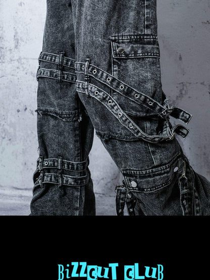 Rs by RebelSeed Punk Embroidered Studded Strap Multi Pocket Ripped Women&