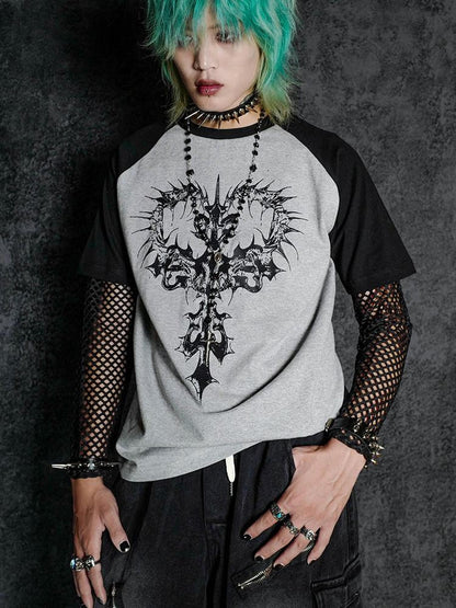 Rs by RebelSeed Punk Fishnet Mesh Printed Round Neck Women&