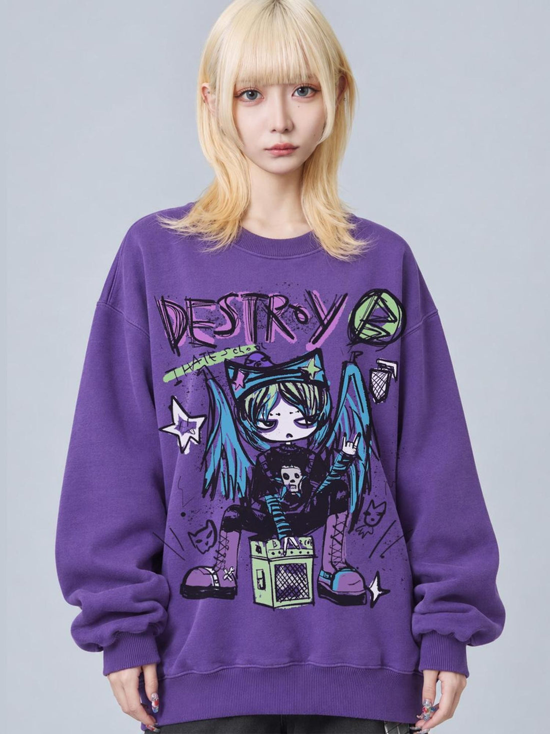 Rs by RebelSeed Purple Round Neck Anime Print Loose Fleece Women&