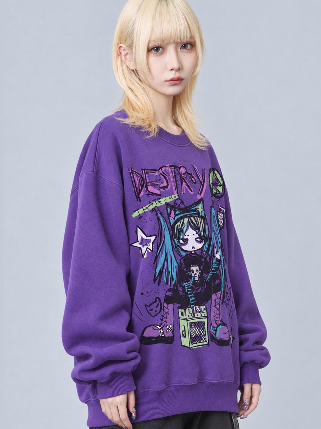 Rs by RebelSeed Purple Round Neck Anime Print Loose Fleece Women&
