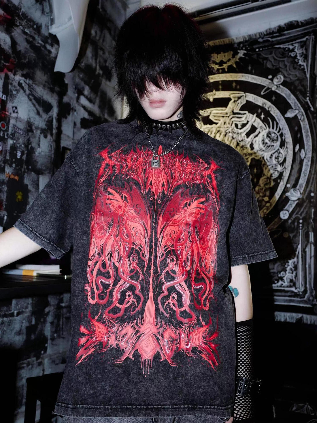Rs by RebelSeed Skull Demon Heat Print Loose Punk Gothic Women&