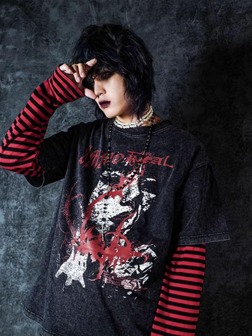 Rs by RebelSeed Skull Demon Print Distressed Gothic Loose Women&