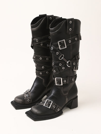 2th Desire Vintage Black Brown Chunky Heel Knee High Boots