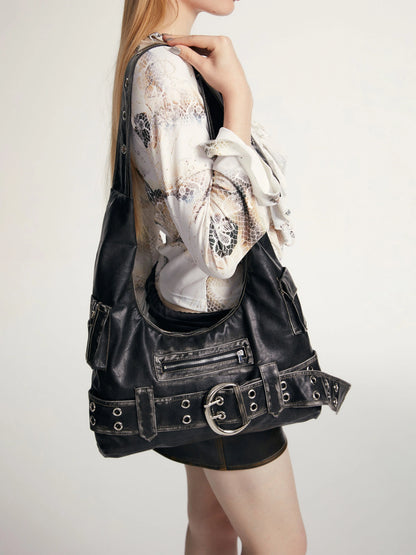 Vintage Black Leather Crossbody Bag With Adjustable Strap