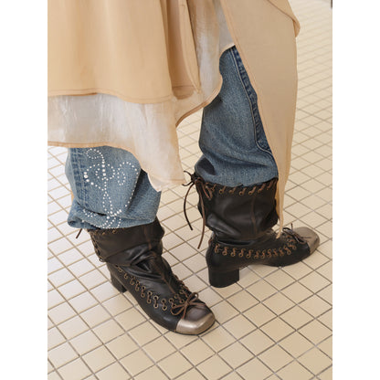 2th Desire Punk Stacked Bow Buckle Fold Mid Calf Boots