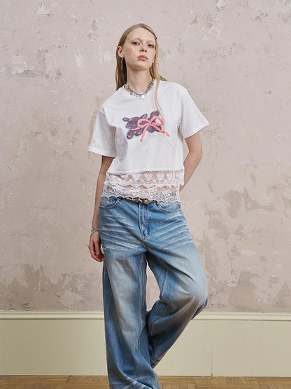 DIDDI MODA Running Dog Lace Trim Cotton Tee