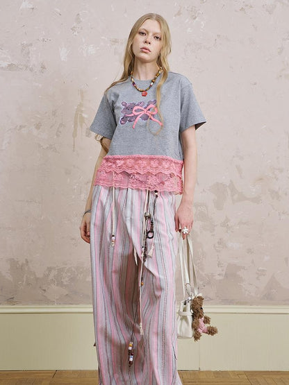 DIDDI MODA Running Dog Lace Trim Cotton Tee