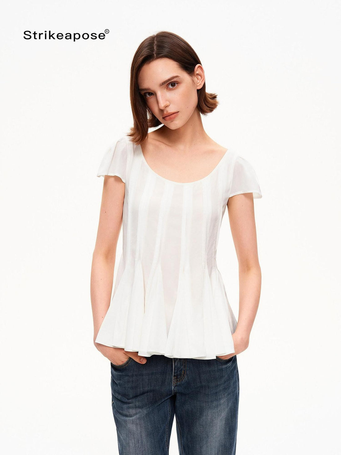 STRIKE A POSE A Line Vertical Pleated Flutter Sleeve Women&