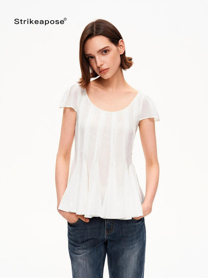 STRIKE A POSE A Line Vertical Pleated Flutter Sleeve Women&