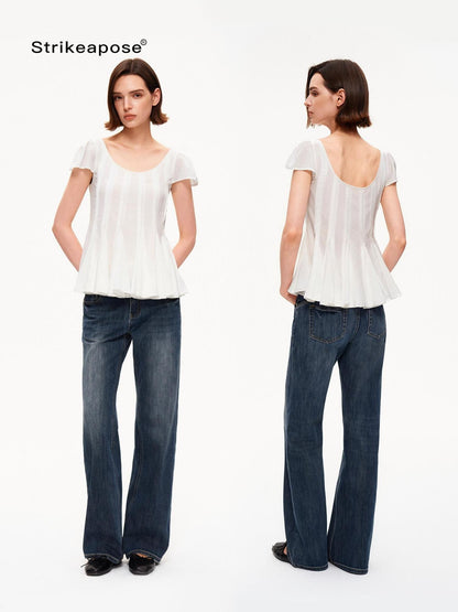 STRIKE A POSE A Line Vertical Pleated Flutter Sleeve Women&
