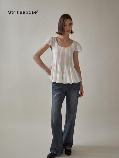 STRIKE A POSE A Line Vertical Pleated Flutter Sleeve Women&