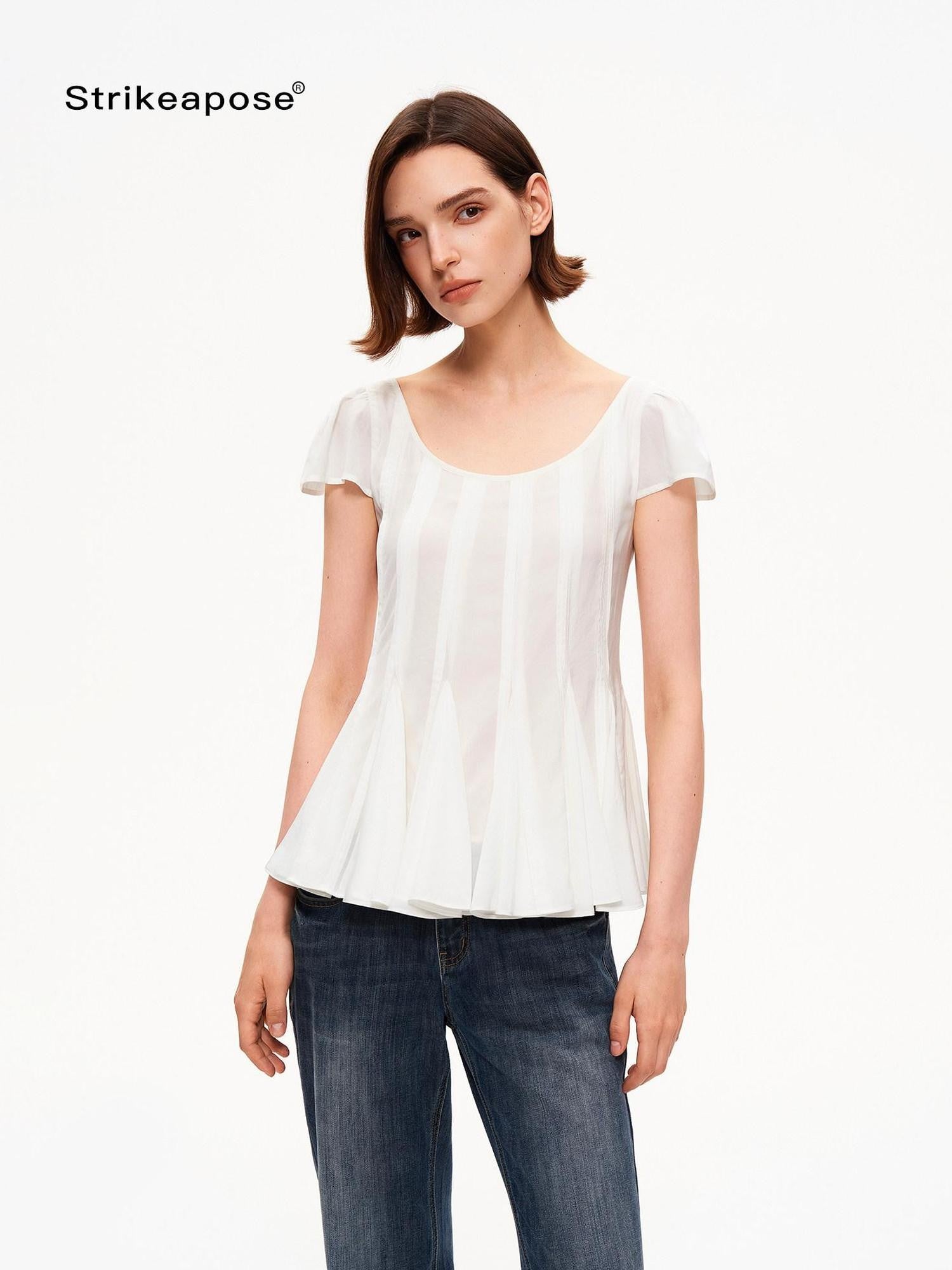 STRIKE A POSE A Line Vertical Pleated Flutter Sleeve Women&