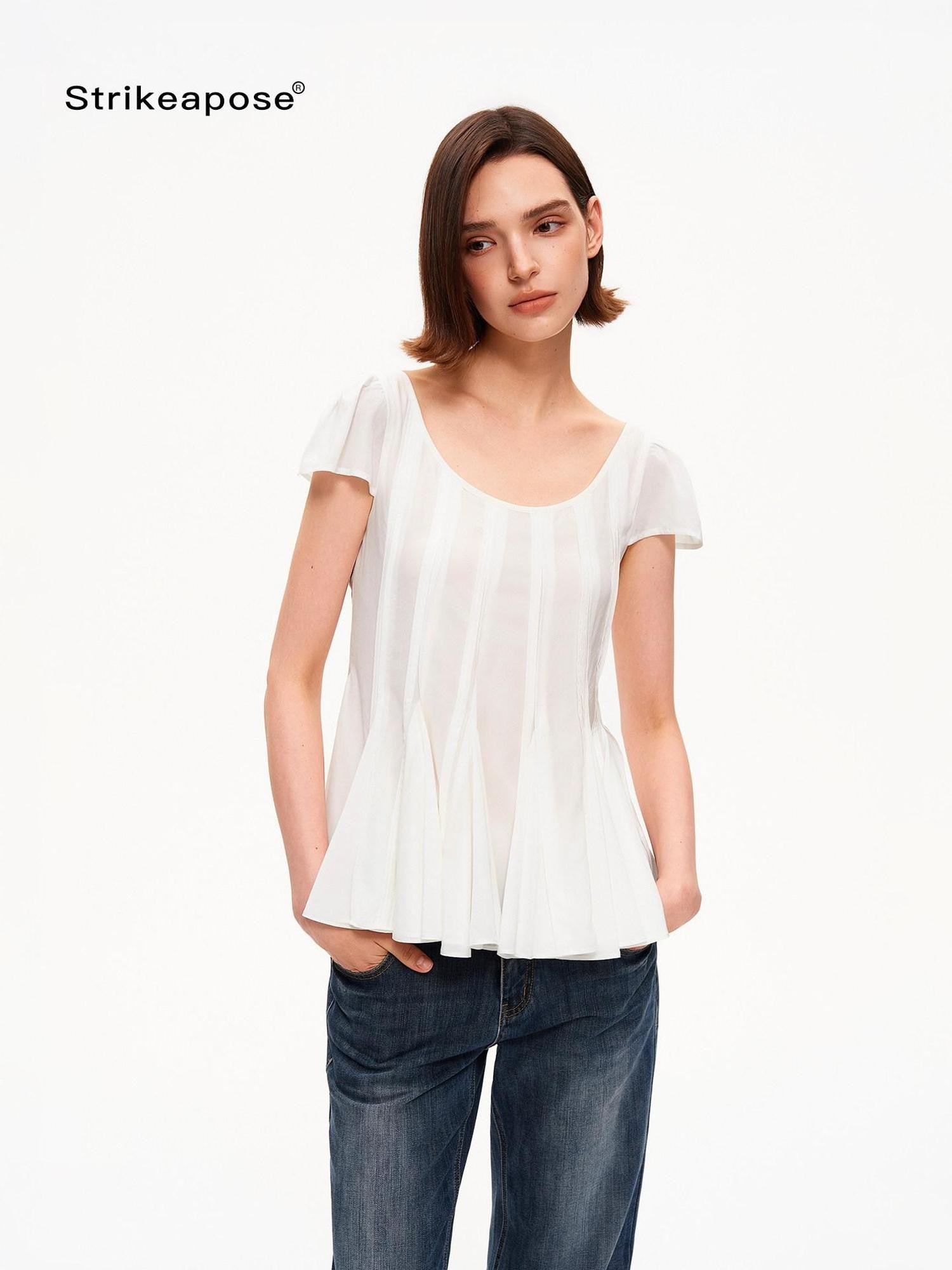 STRIKE A POSE A Line Vertical Pleated Flutter Sleeve Women&