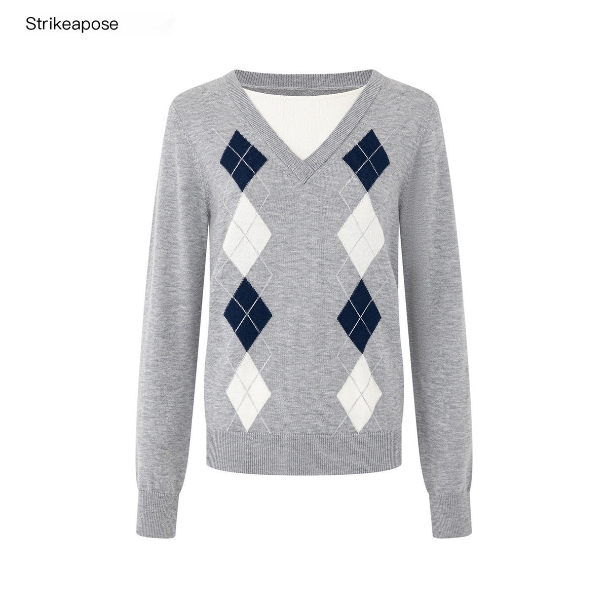 STRIKE_A_POSE_Argyle_V-neck_Jacquard_Faux_Layered_Women&