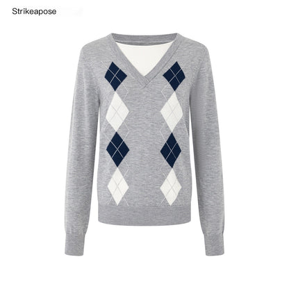 STRIKE_A_POSE_Argyle_V-neck_Jacquard_Faux_Layered_Women&