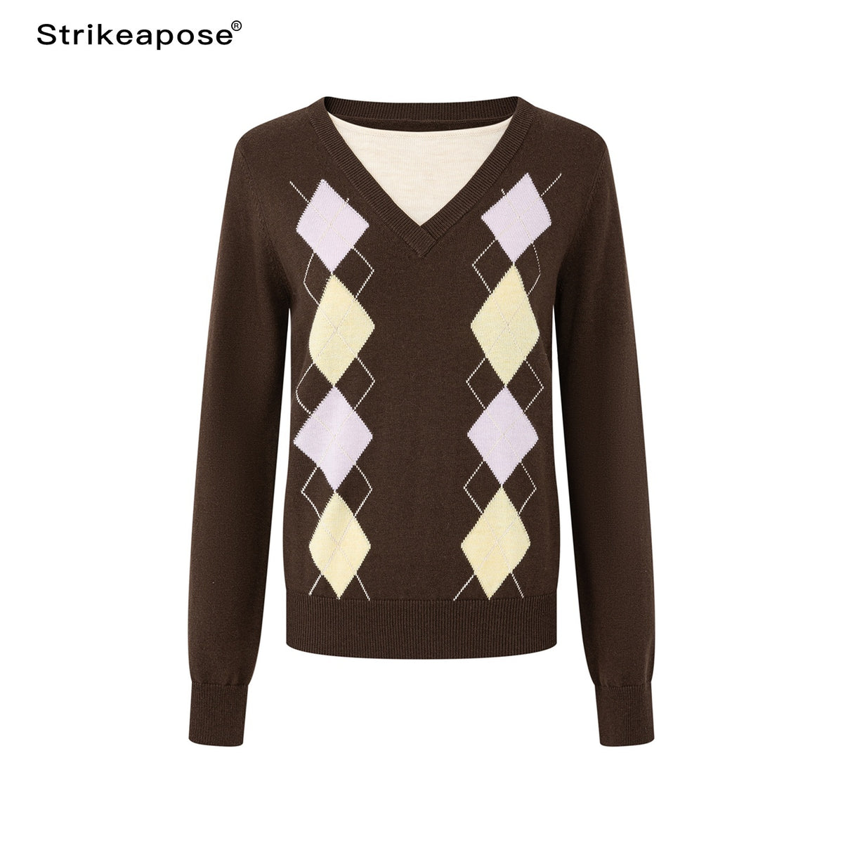 STRIKE_A_POSE_Argyle_V-neck_Jacquard_Faux_Layered_Women&