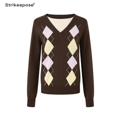 STRIKE_A_POSE_Argyle_V-neck_Jacquard_Faux_Layered_Women&
