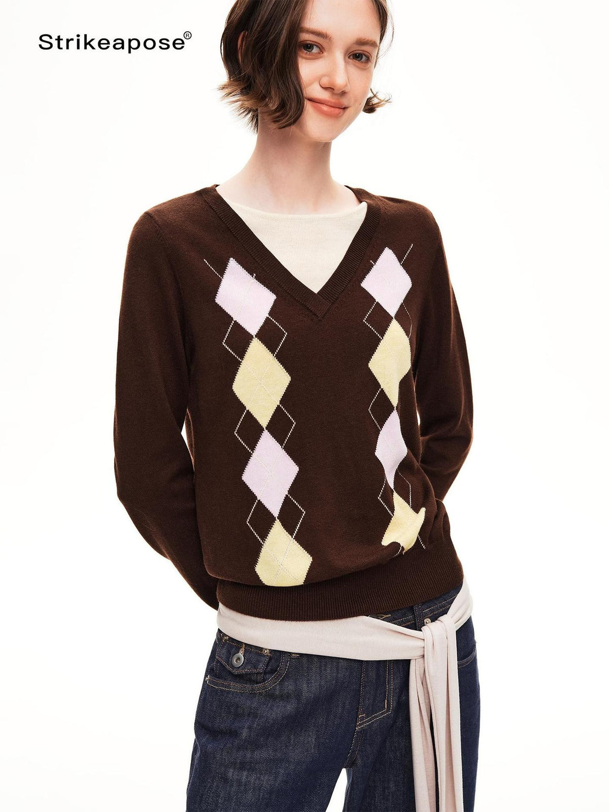 STRIKE A POSE Argyle V-neck Jacquard Faux Layered Women&