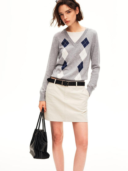 STRIKE A POSE Argyle V-neck Jacquard Faux Layered Women&