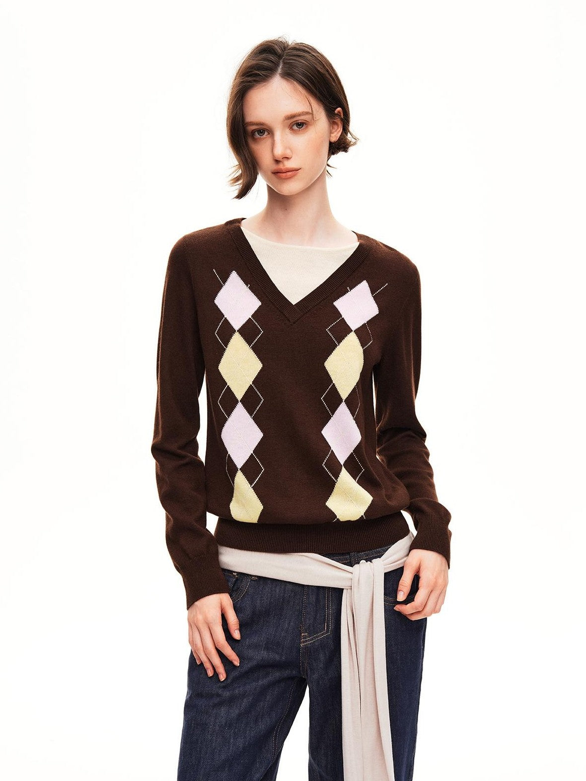 STRIKE A POSE Argyle V-neck Jacquard Faux Layered Women&