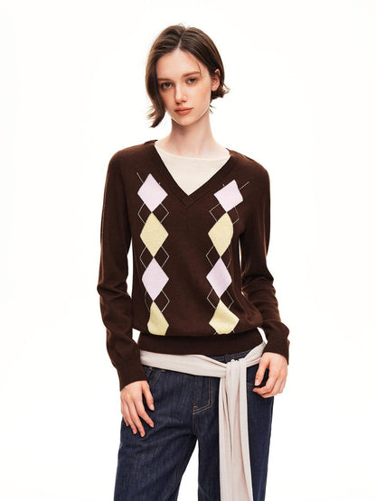 STRIKE A POSE Argyle V-neck Jacquard Faux Layered Women&