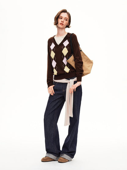 STRIKE A POSE Argyle V-neck Jacquard Faux Layered Women&