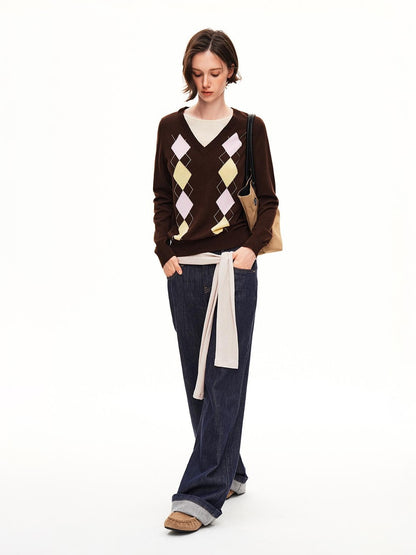 STRIKE A POSE Argyle V-neck Jacquard Faux Layered Women&