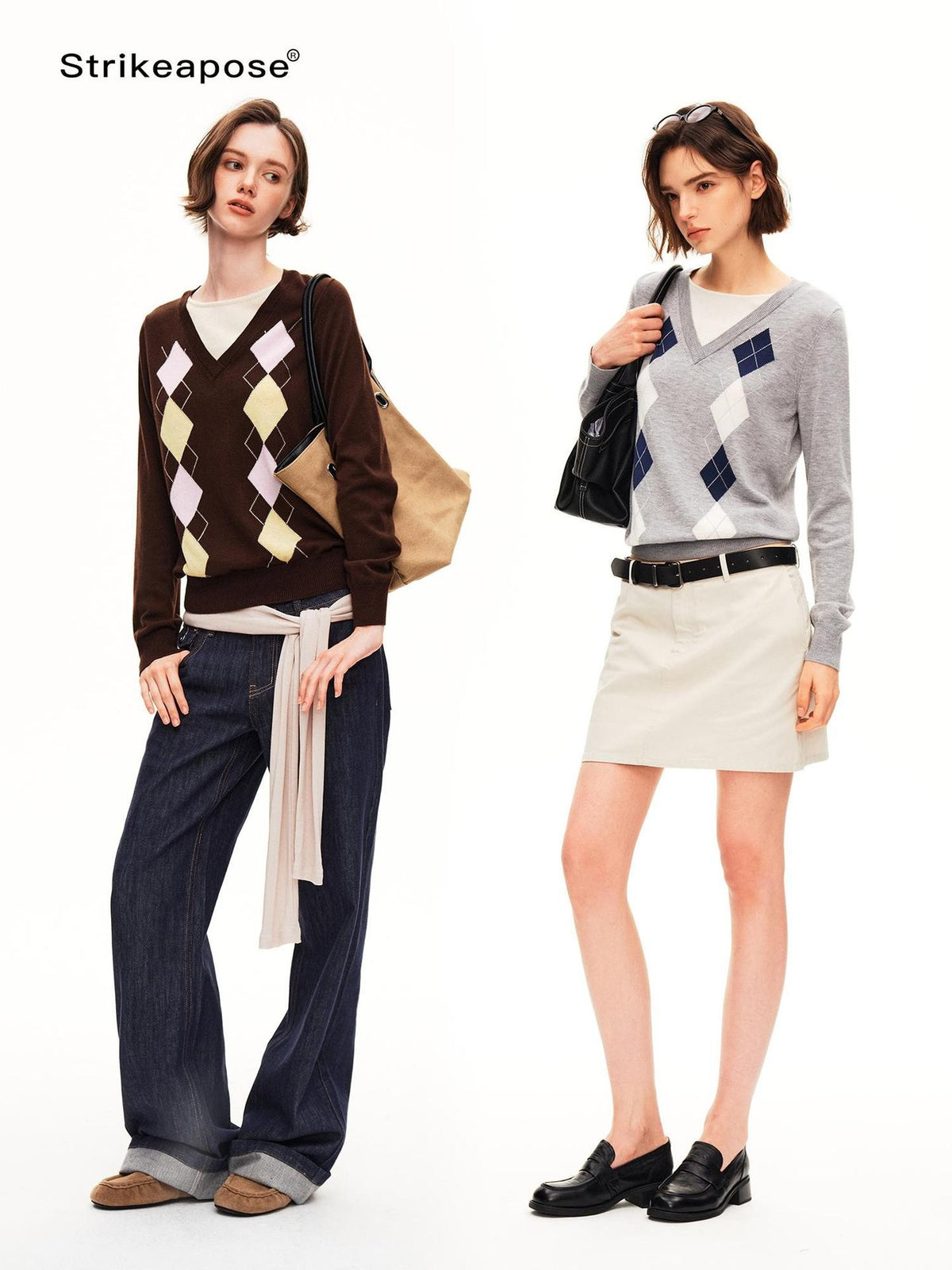 STRIKE A POSE Argyle V-neck Jacquard Faux Layered Women&