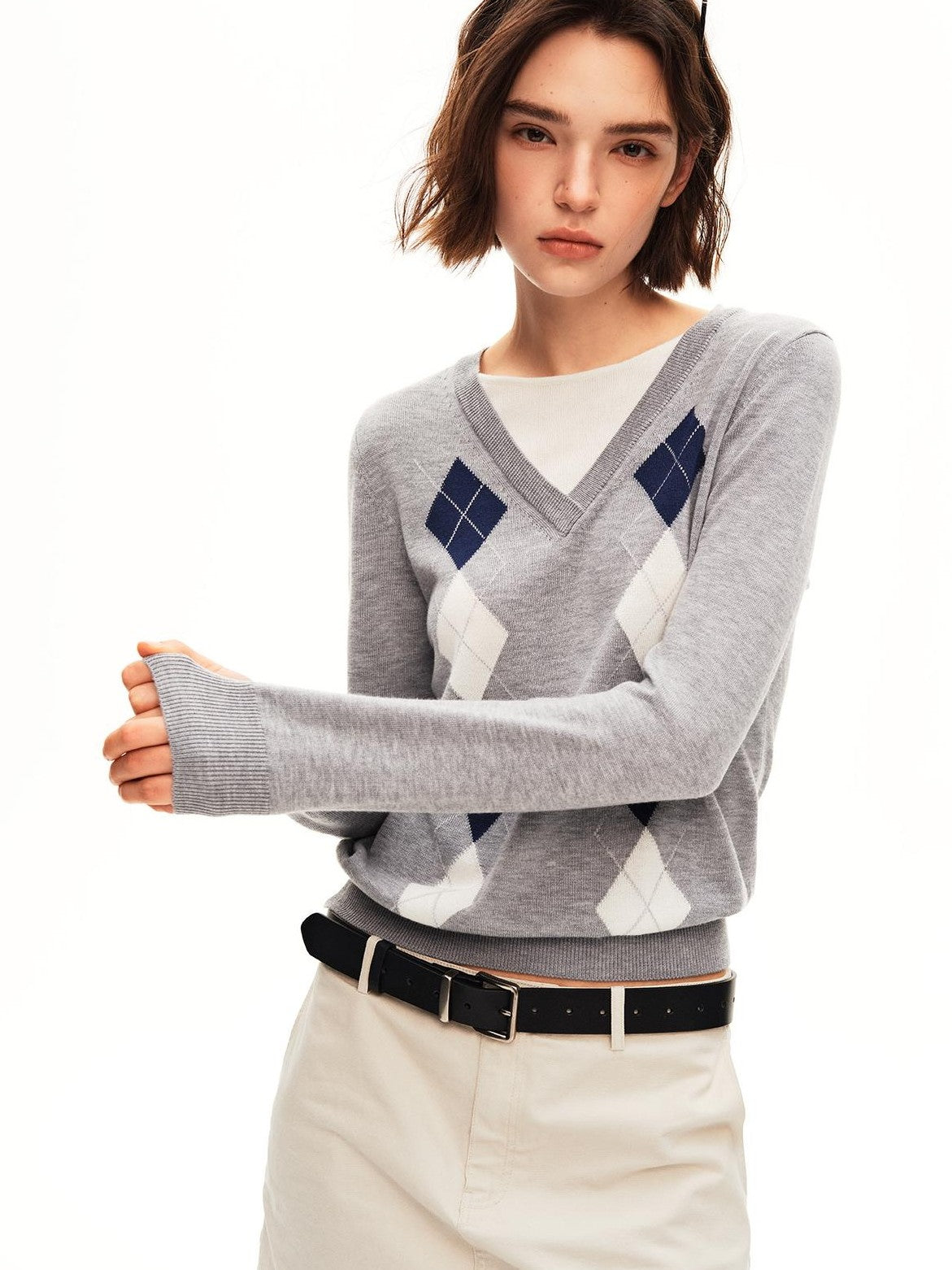 STRIKE A POSE Argyle V-neck Jacquard Faux Layered Women&