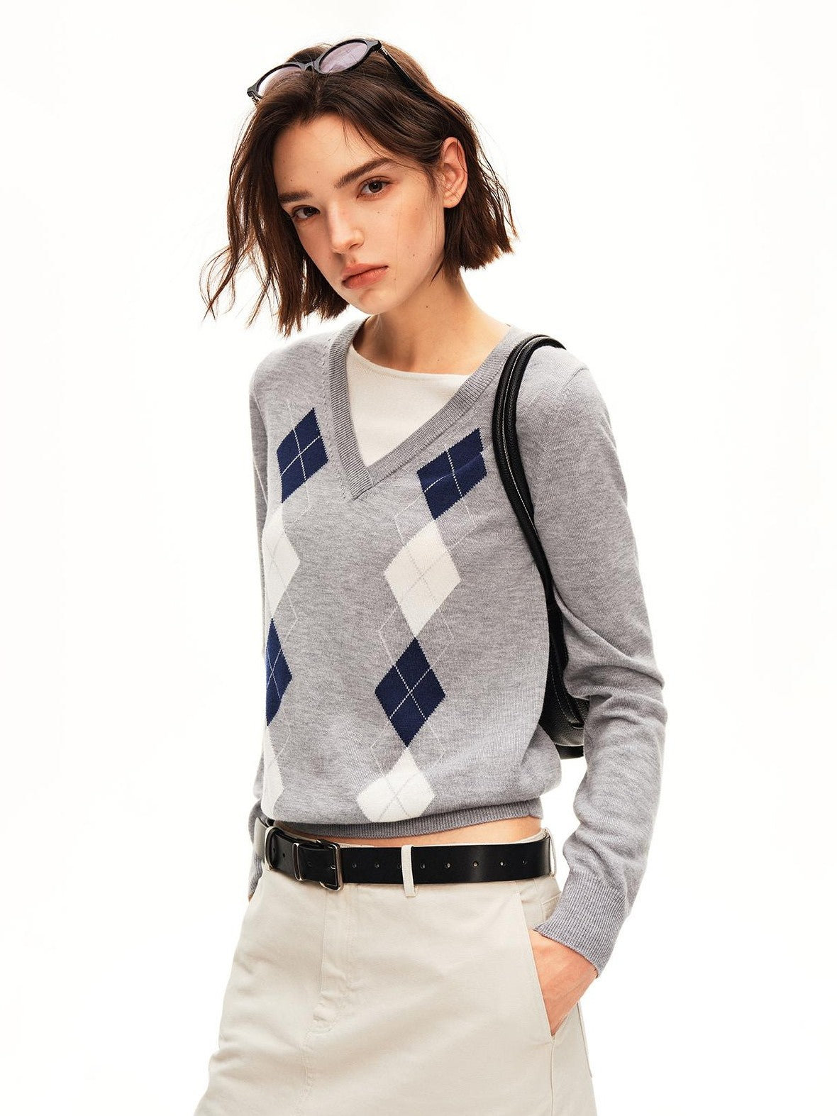 STRIKE A POSE Argyle V-neck Jacquard Faux Layered Women&