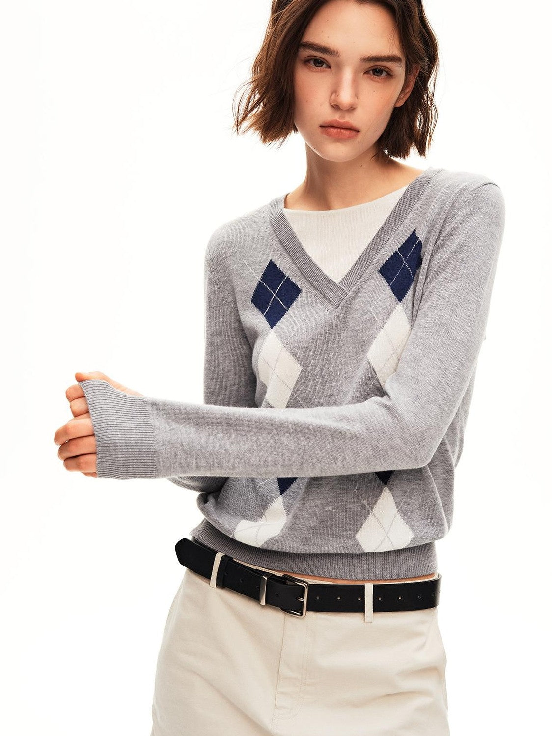 STRIKE A POSE Argyle V-neck Jacquard Faux Layered Women&