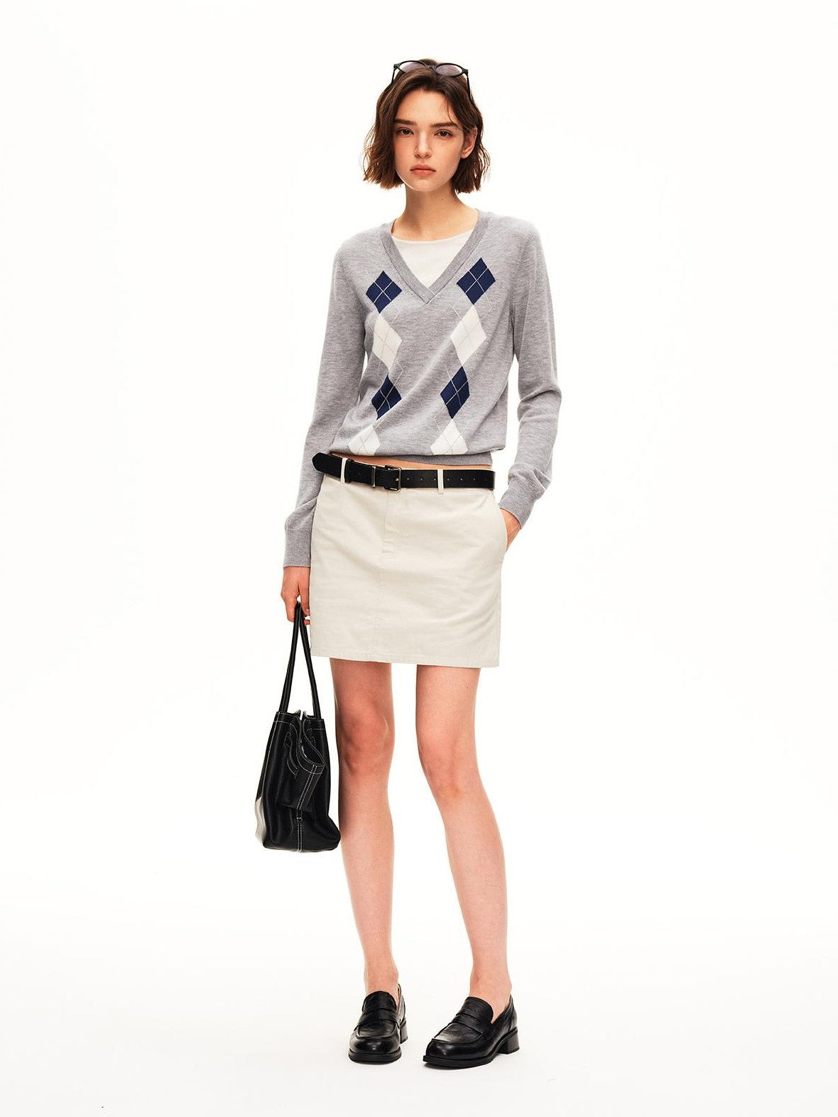 STRIKE A POSE Argyle V-neck Jacquard Faux Layered Women&