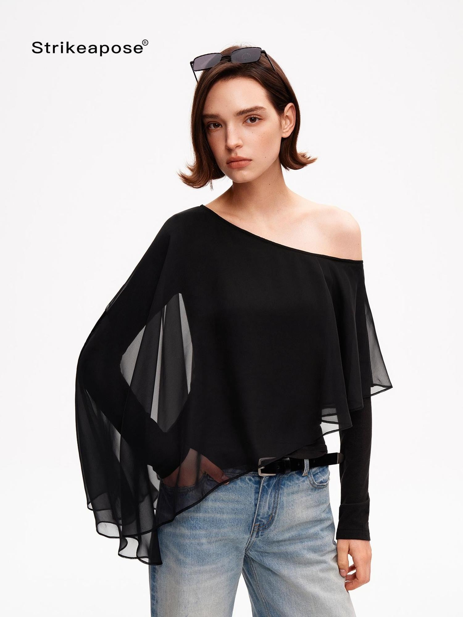 STRIKE A POSE Asymmetric Bell Sleeve Knit Women&