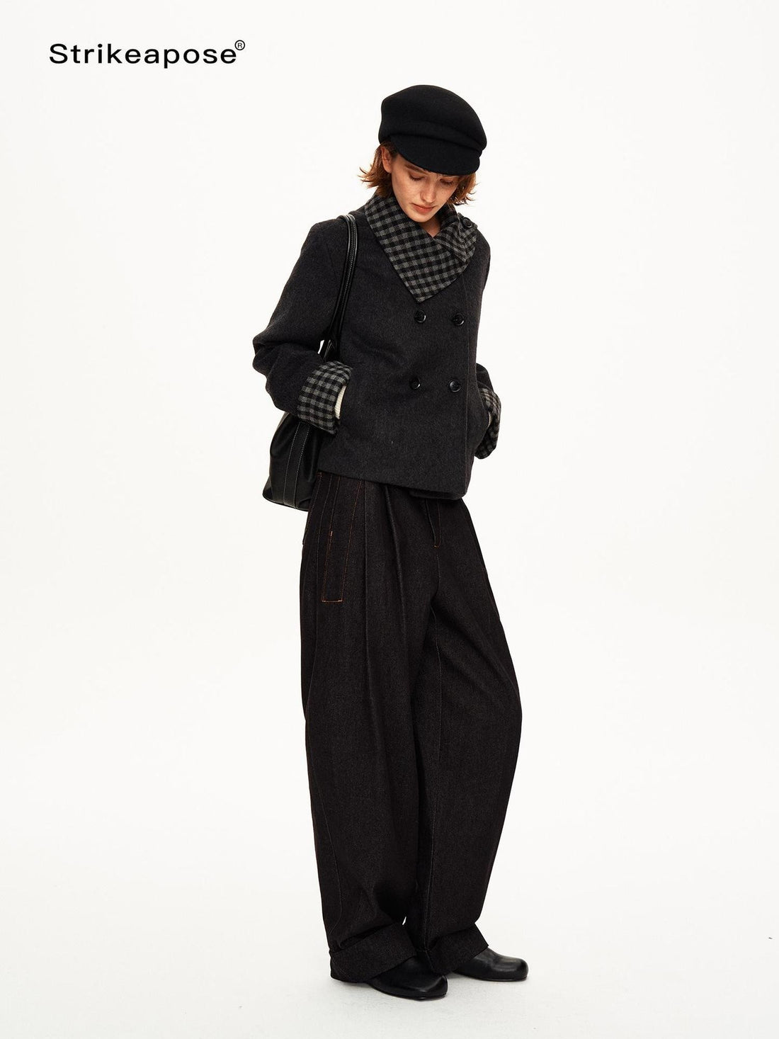 STRIKE A POSE Asymmetric Plaid Lapel Double Breasted Women&