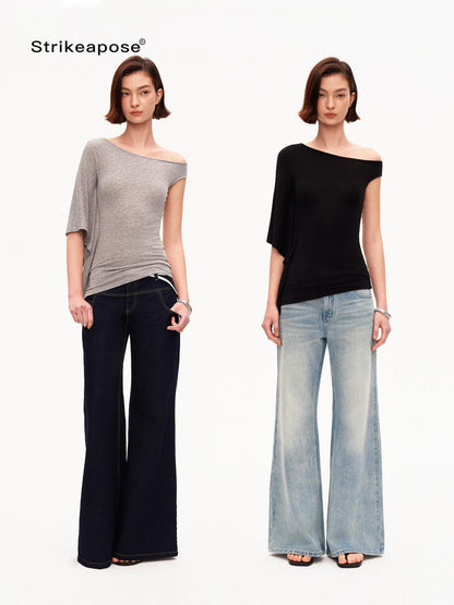 STRIKE A POSE Asymmetric Slanted Knit Short Sleeve Women&