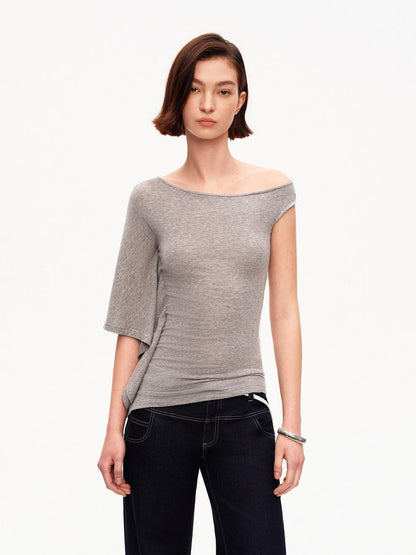 STRIKE A POSE Asymmetric Slanted Knit Short Sleeve Women&