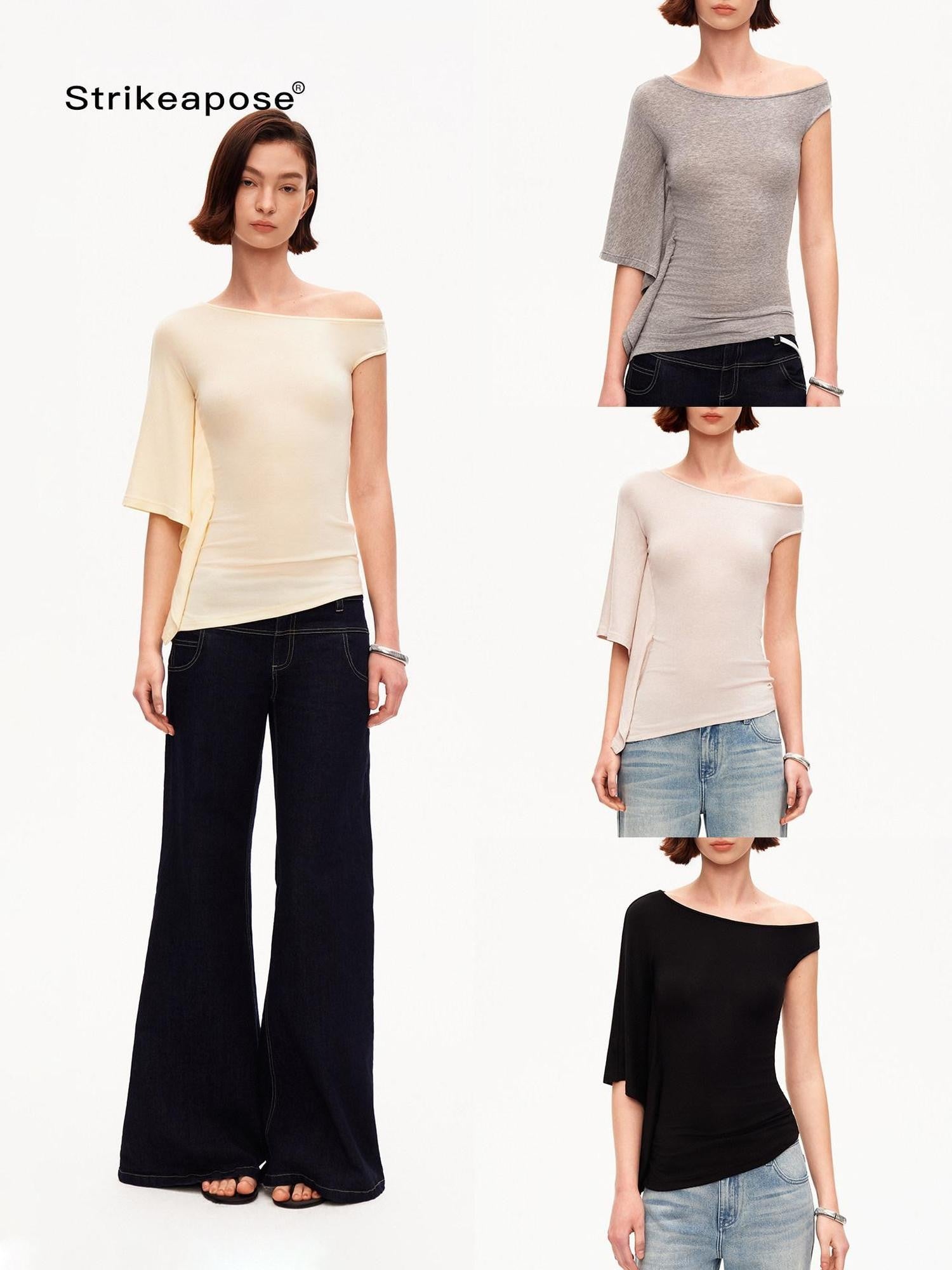 STRIKE A POSE Asymmetric Slanted Knit Short Sleeve Women&