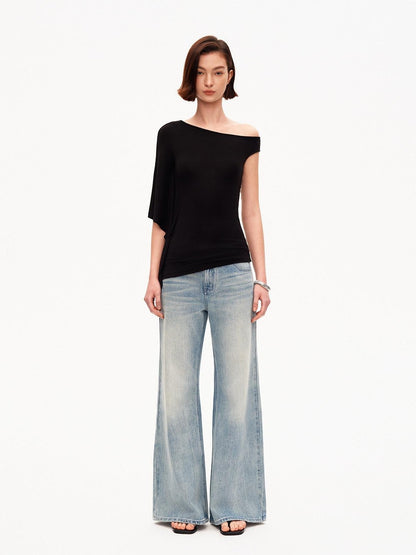 STRIKE A POSE Asymmetric Slanted Knit Short Sleeve Women&