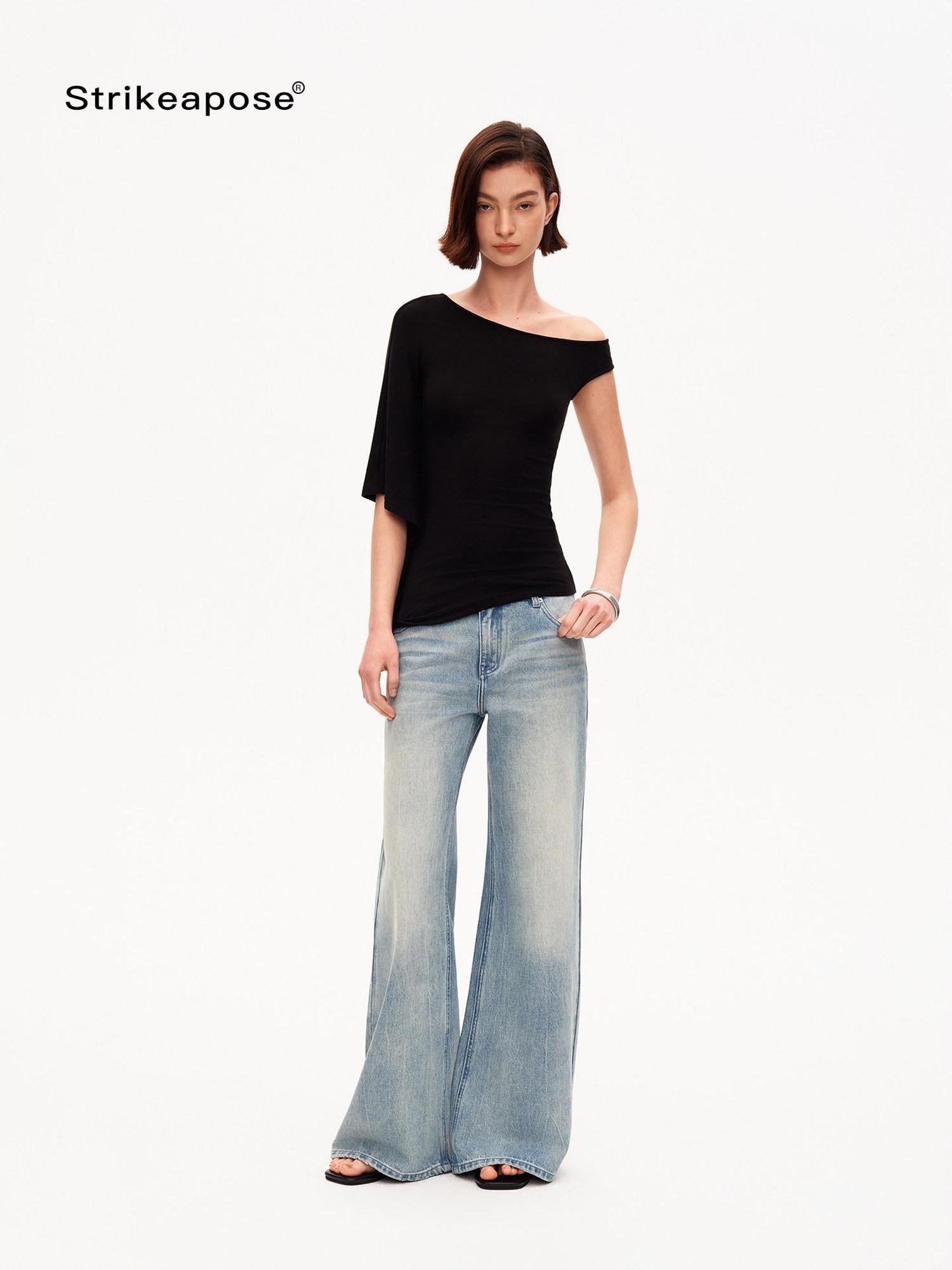 STRIKE A POSE Asymmetric Slanted Knit Short Sleeve Women&