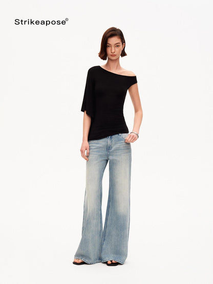 STRIKE A POSE Asymmetric Slanted Knit Short Sleeve Women&