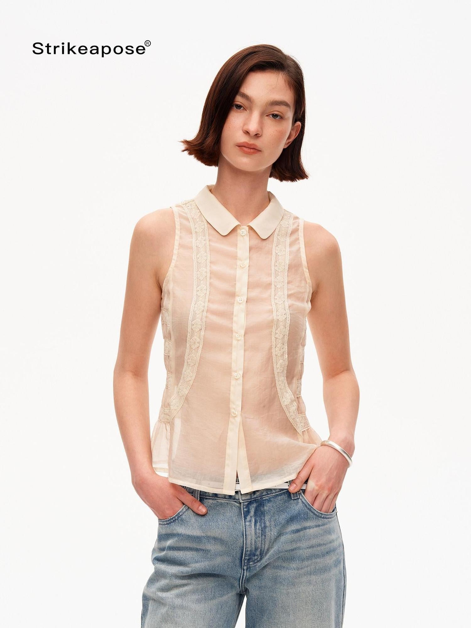 STRIKE A POSE Beige Lace Polo Collar Draped Slim Fit Women&